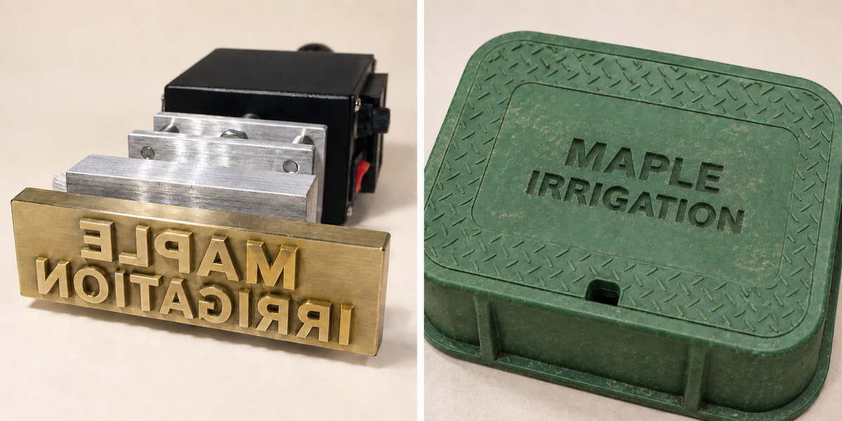 AI-generated close-up concept of fictional Maple Irrigation brass head and recessed lid mark