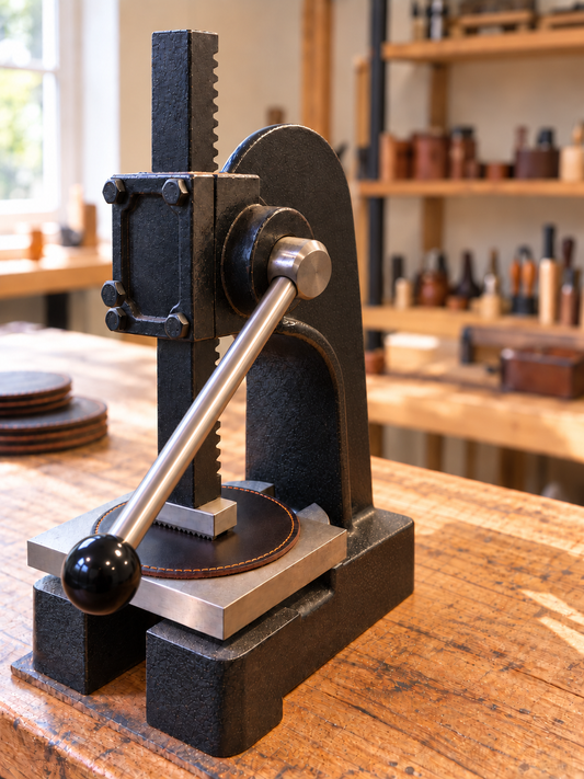 Arbor press positioned over a round leather piece on a workshop bench