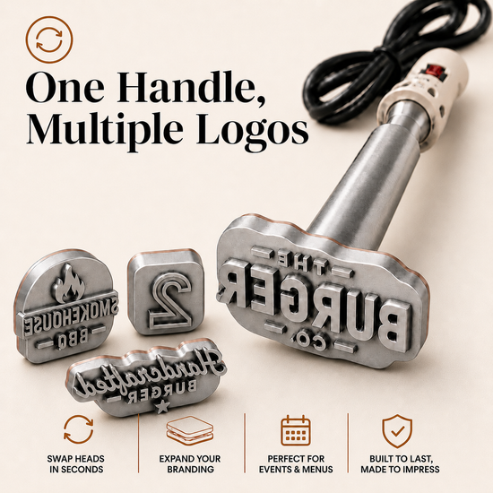 Electric food branding iron with interchangeable engraved logo heads