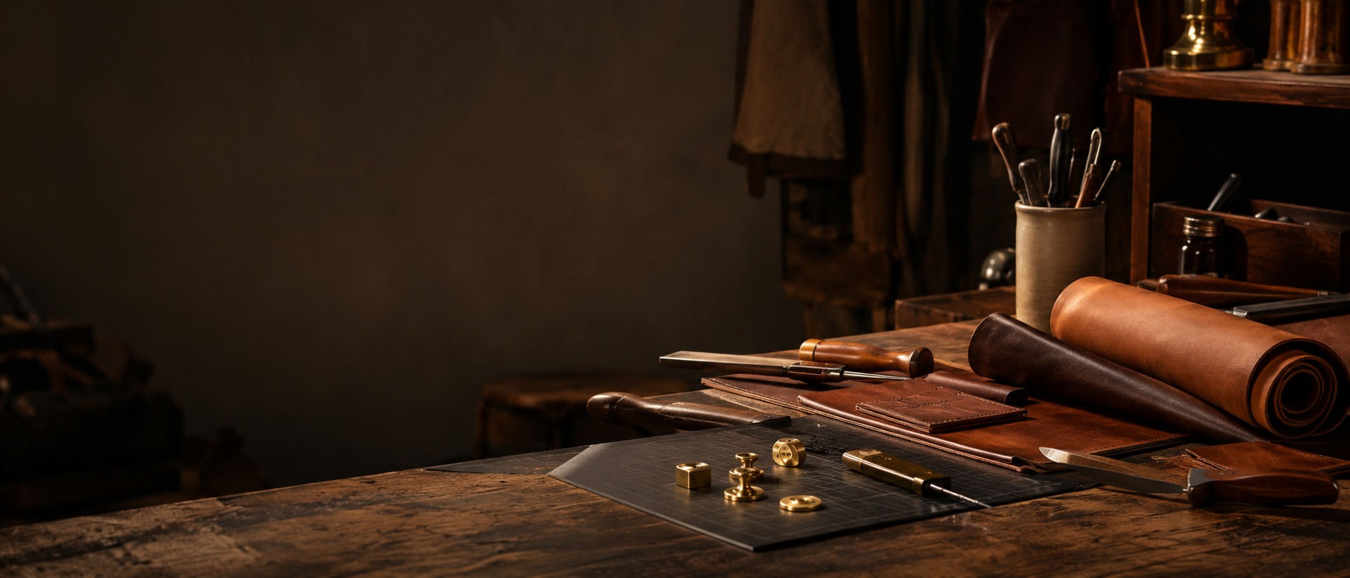 Custom leather stamps and branding tools arranged on a leatherworker's bench