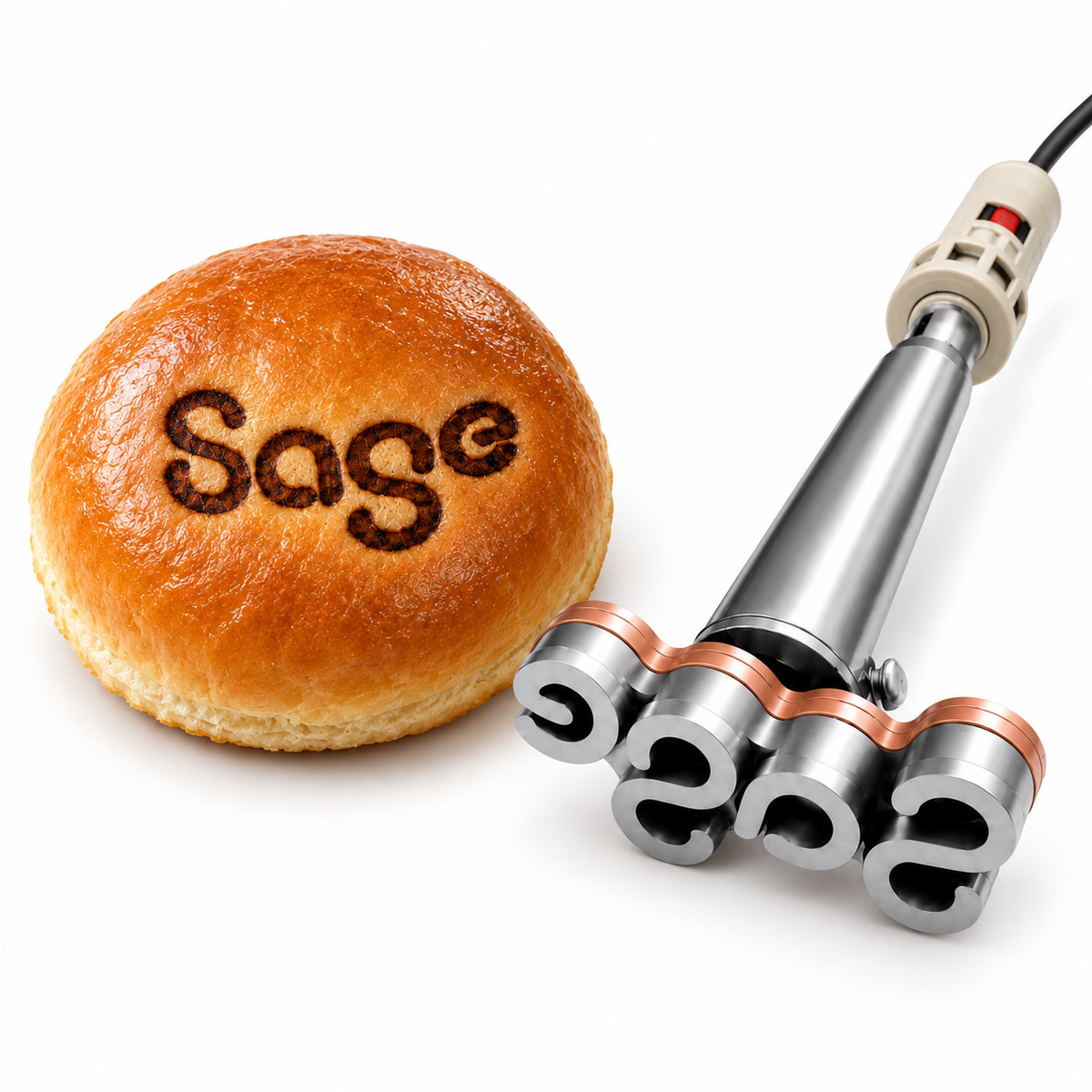 Illustrative professional copper-backed stainless-steel electric branding iron beside a Sage-branded hamburger bun