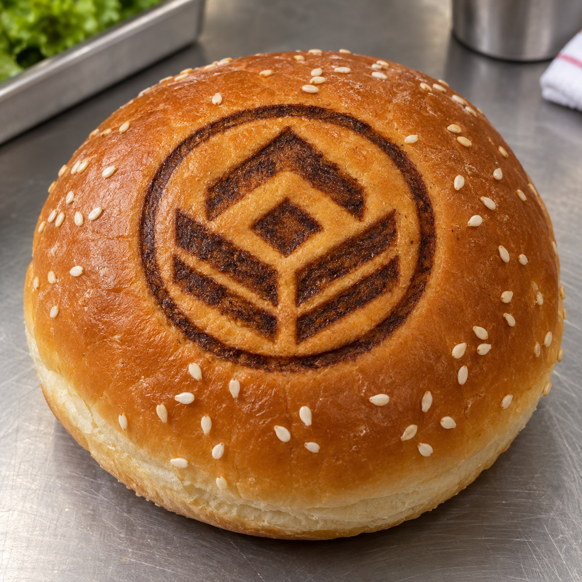 Illustrative large circular custom brand on a sesame hamburger bun