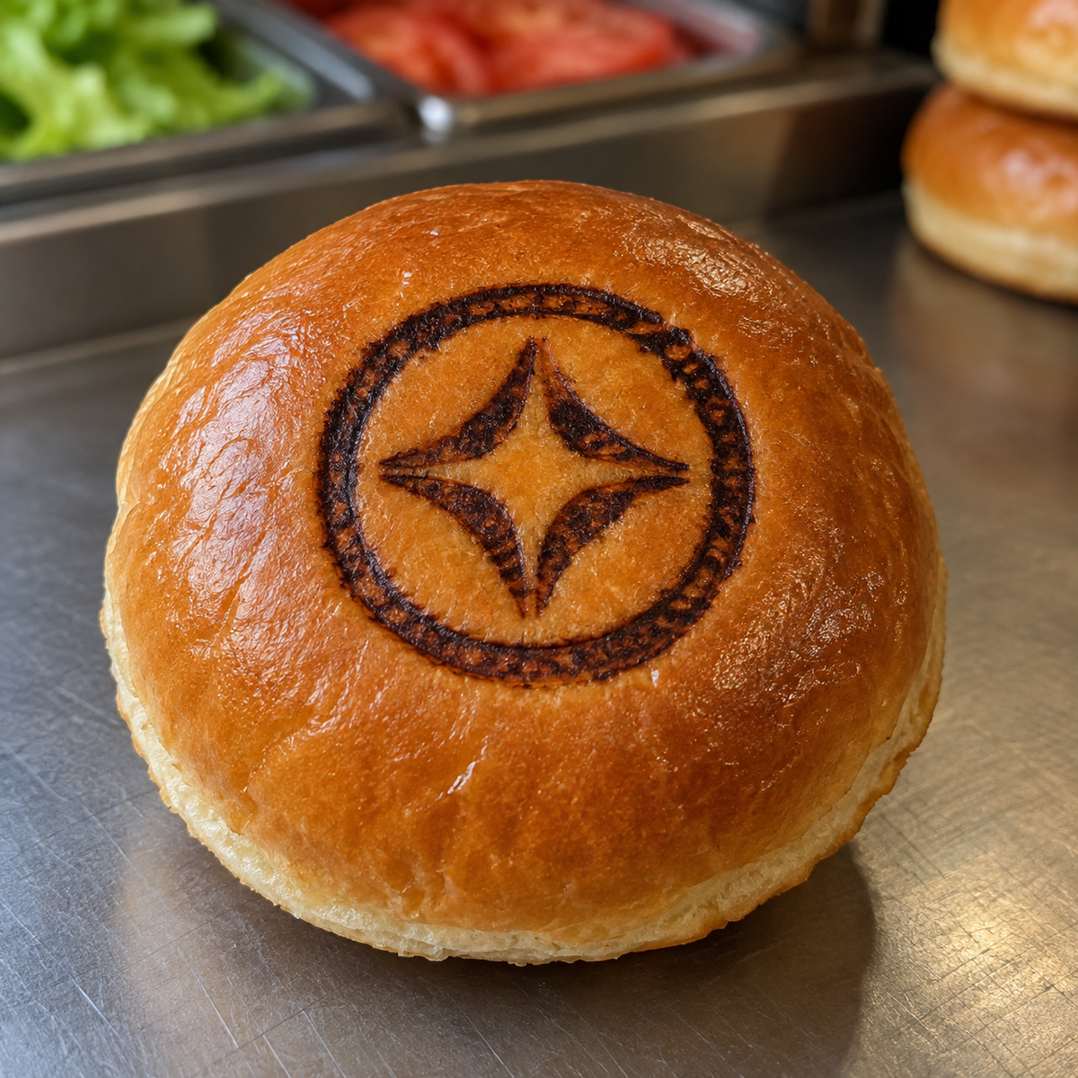 Illustrative circular custom brand on a hamburger bun for a professional electric iron