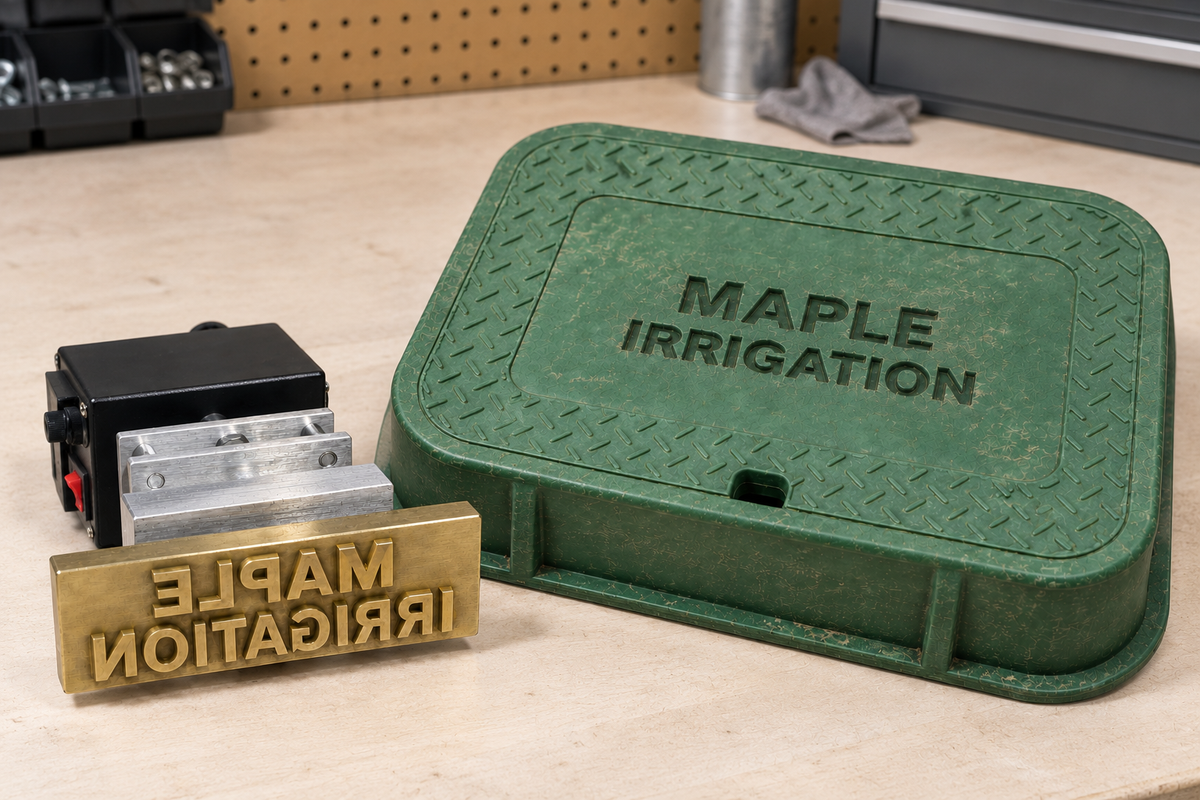AI-generated marking concept: fictional Maple Irrigation brass head beside a custom heat-branded valve-box lid