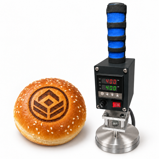 Illustrative jumbo 500W thermostatic hamburger branding iron beside a branded sesame bun