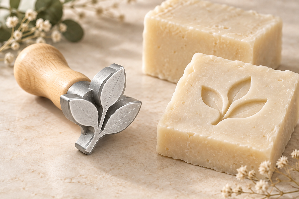 Concept généré par IA d’un tampon à savon botanique en aluminium profilé, avec manche en bois et savon artisanal