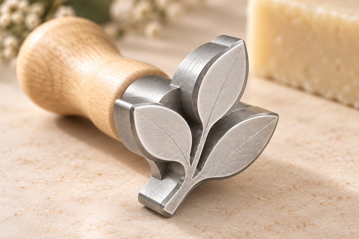 AI-generated concept showing raised botanical detail and contour clearance on an aluminum soap stamp